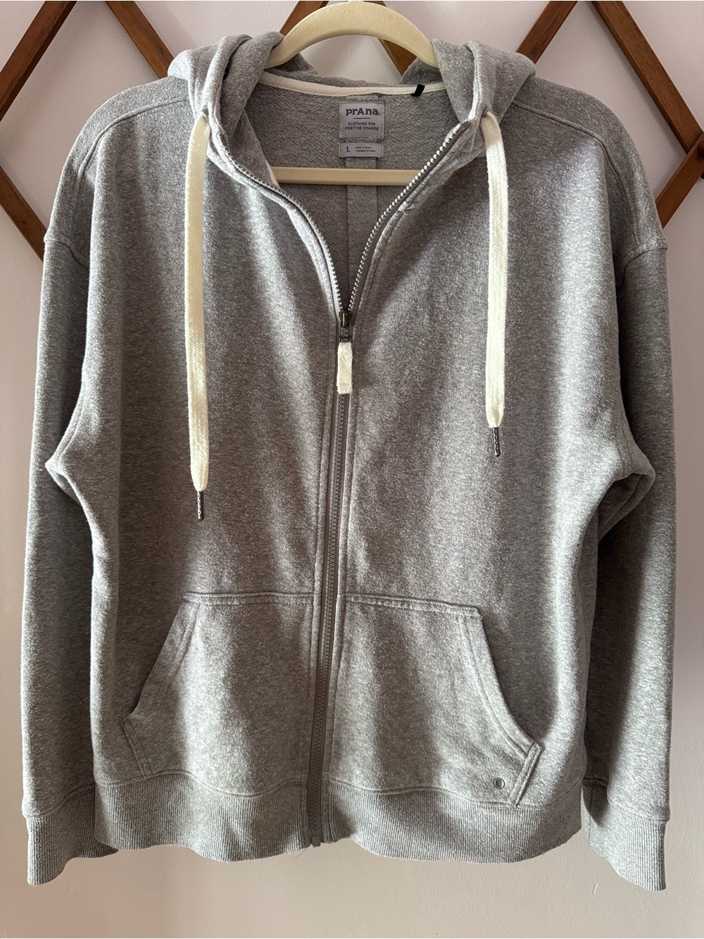 Prana Gray Zip-Up Hoodie with Cream Drawstrings Women’s Size Large - Picture 2 of 5
